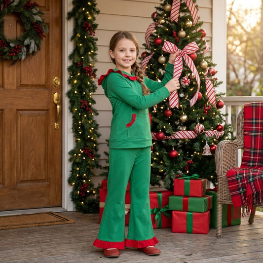 Green Cotton Pocket Hoodie Top Bell Pants Girls Christmas Clothes Set