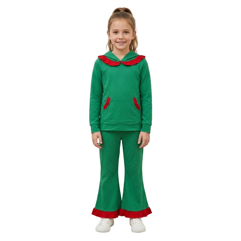 GLP3752 Green Cotton Pocket Hoodie Top Bell Pants Girls Christmas Ruffle Clothes Set