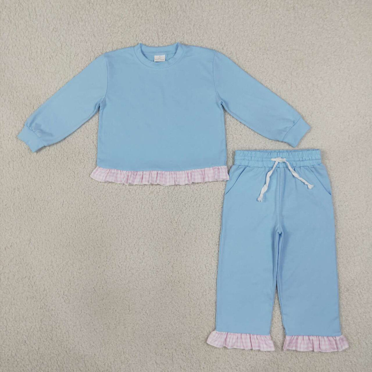GLP3753 Light Blue Long Sleeve Top Ruffle Pants Girls Clothes Set