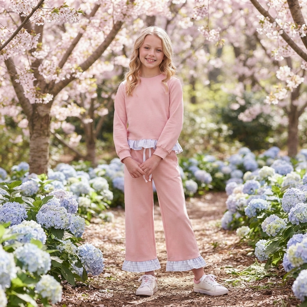GLP3754 Light Pink Long Sleeve Top Ruffle Pants Girls Clothes Set