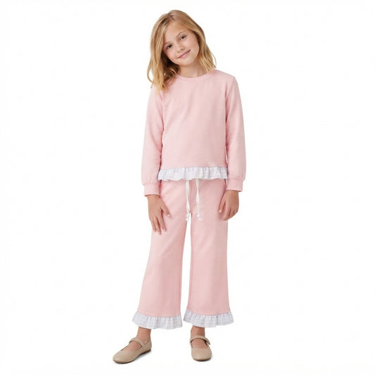 GLP3754 Light Pink Long Sleeve Top Ruffle Pants Girls Clothes Set