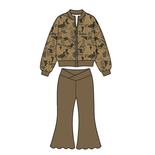 8.26 Preorder GLP3757 Kids Girls Duck Camo Jacket Cross Waist Scalloped Flare Pants Active Outfit