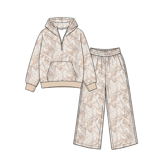 8.26 GLP3768 Preorder Khaki Branch Camo Print Zipper Hoodie Top Pockets Pants Girls Clothes Set