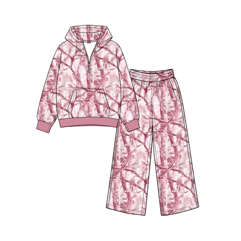 8.26 GLP3769 Preorder Pink Branch Camo Print Zipper Hoodie Top Pockets Pants Girls Clothes Set