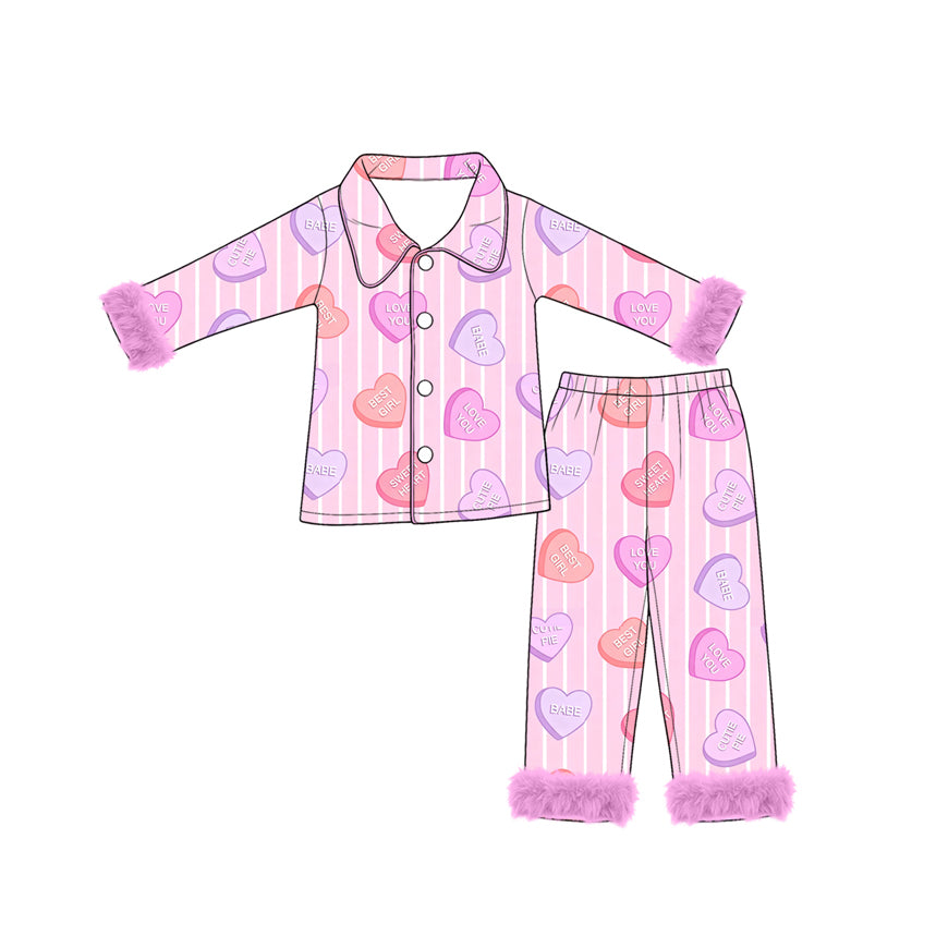 8.27 GLP3780 Preorder KIds Girls Heart Candy Long Sleeve Pajama Set with Fur
