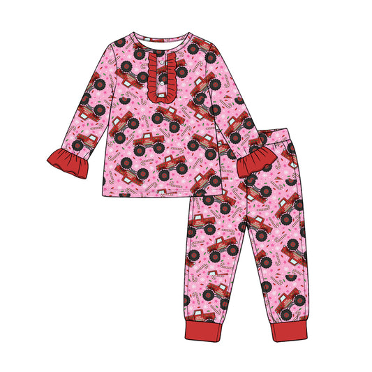 8.28 Preorder Toddler Girls Christmas Monster Truck Candy Cane Long Sleeve Pajama Set