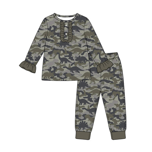 8.28 Preorder Toddler Girls Camo Dinosaue Long Sleeve Pajama Set with Ruffle