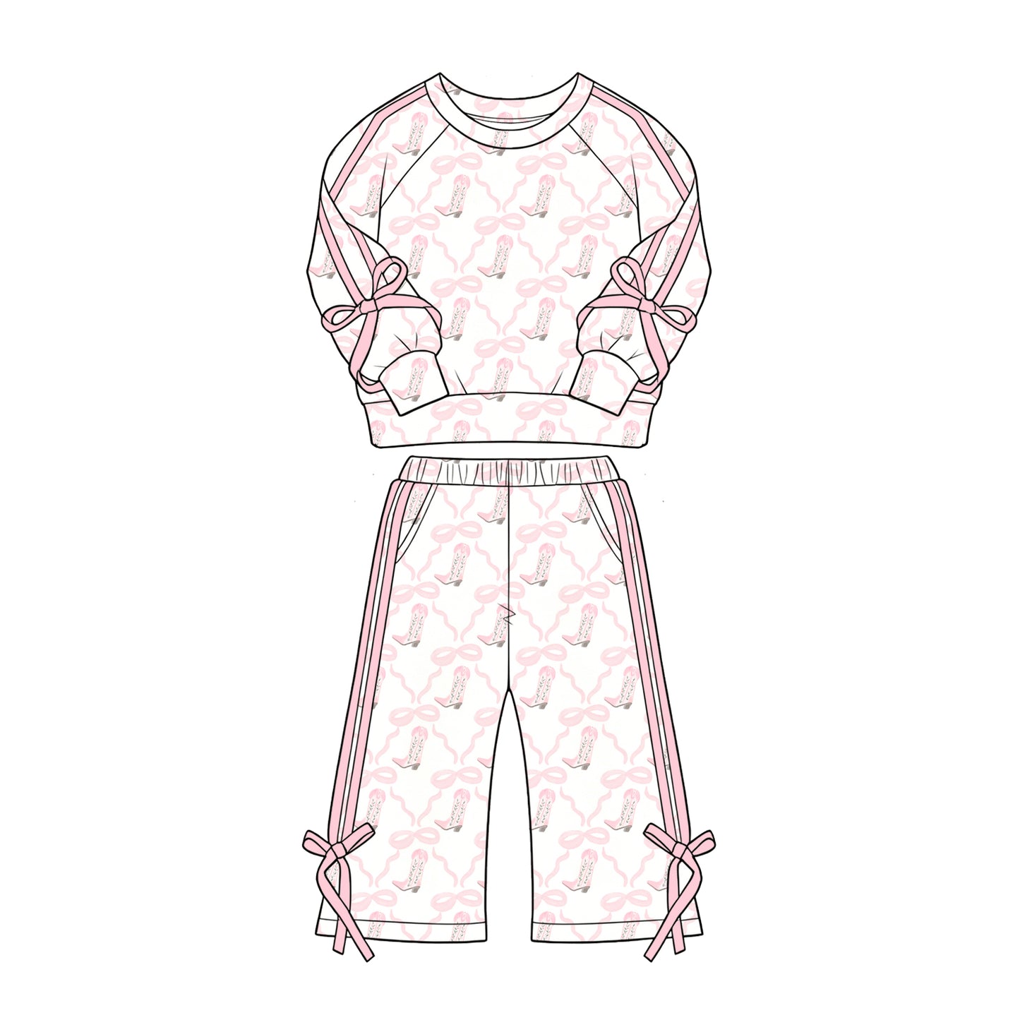 8.31 Preorder GLP3805 Baby Girls Pink Bow Boot Long Sleeve Top Wide Pants Outfit