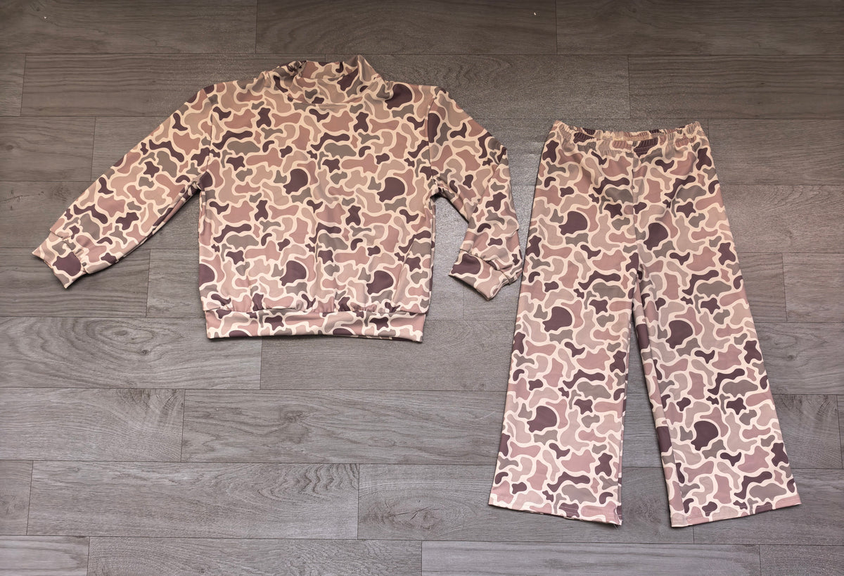 8.31 GLP3810 Preorder Brown Camo Top Straight Pants Girls Mock Neck Yoga Clothes Set