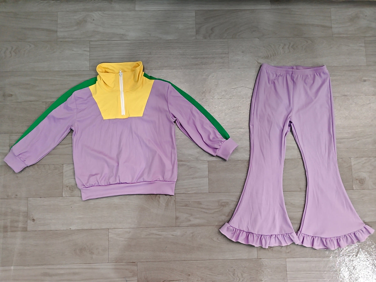 9.2 GLP3828 Preorder Purple Zipper Pullover Top Straight Pockets Pants Girls Mardi Gras Yoga Clothes Set