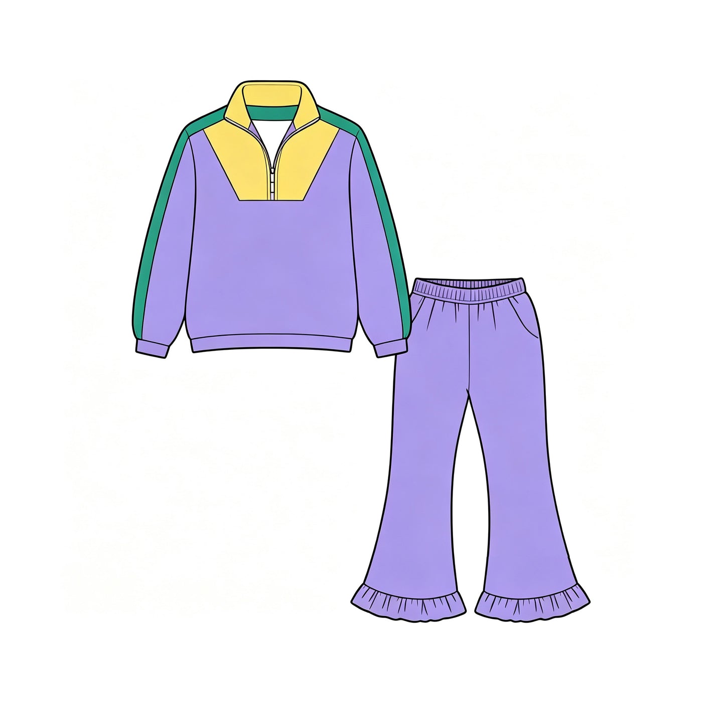 9.2 GLP3828 Preorder Purple Zipper Pullover Top Straight Pockets Pants Girls Mardi Gras Yoga Clothes Set