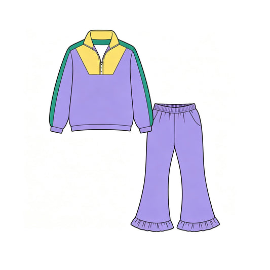 9.2 GLP3828 Preorder Purple Zipper Pullover Top Straight Pockets Pants Girls Mardi Gras Yoga Clothes Set