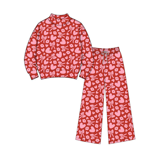 9.3 GLP3831 Preorder Adult Women Valentine Heart Bow Mock Neck Top Wide Leg Pants Outfit