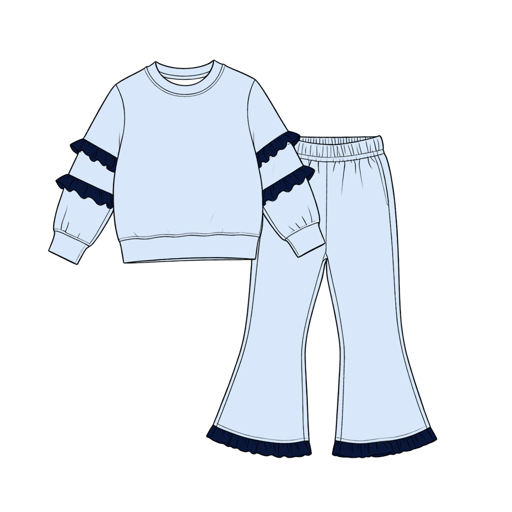 9.7 GLP3844 Kids Girls  Blue Navy Ruffle Sleeve Top Flare Pants Outift