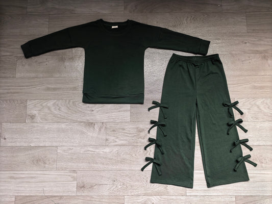 9.7 Preorder GLP3847 Kids Girls Dark Green Long Sleeve Bow Pants Outfit