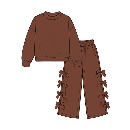 9.7 Preorder GLP3848 Kids Girls Chocolate Brown Long Sleeve Bow Pants Outfit