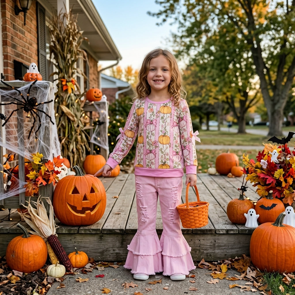 GLP3851 Pumpkin Flowers Bows Top Pink Denim Bell Pants Girls Fall Clothes Set