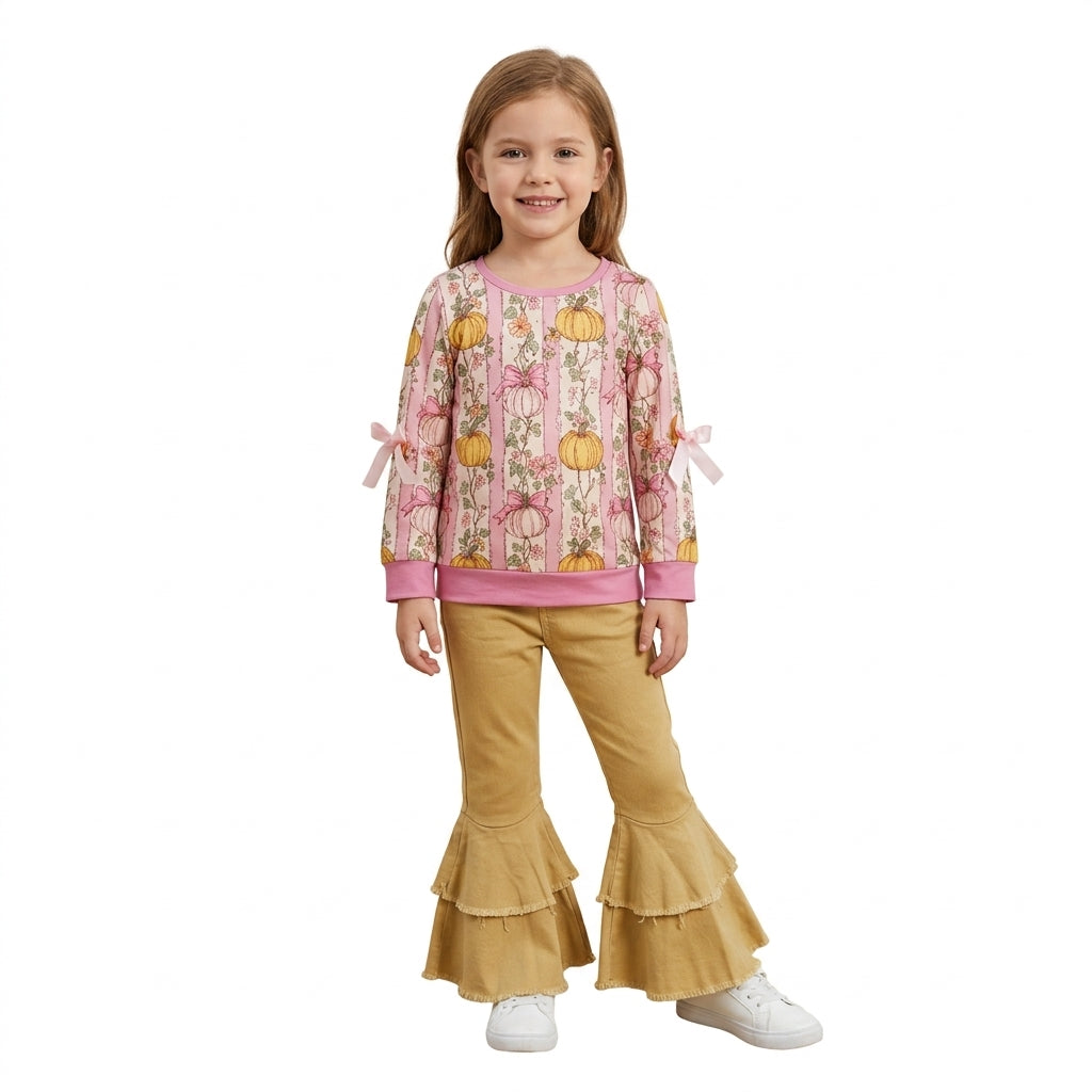 GLP3852 Pumpkin Flowers Bows Top Khaki Denim Bell Pants Girls Fall Clothes Set