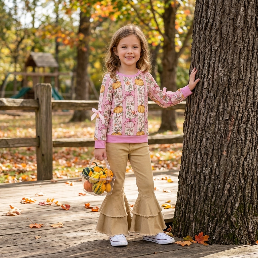 GLP3852 Pumpkin Flowers Bows Top Khaki Denim Bell Pants Girls Fall Clothes Set