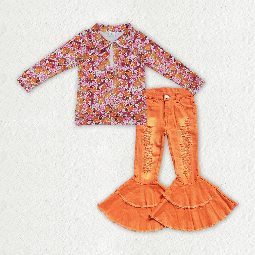 GLP3853 Floral Zipper Top Orange Denim Bell Pants Girls Clothes Set