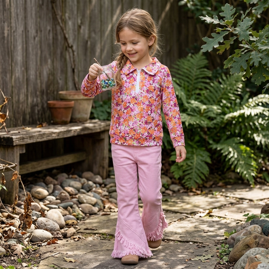 GLP3855 Floral Zipper Top Pink Denim Bell Pants Girls Clothes Set