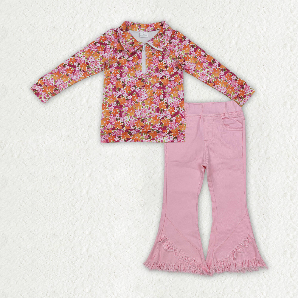 GLP3855 Floral Zipper Top Pink Denim Bell Pants Girls Clothes Set