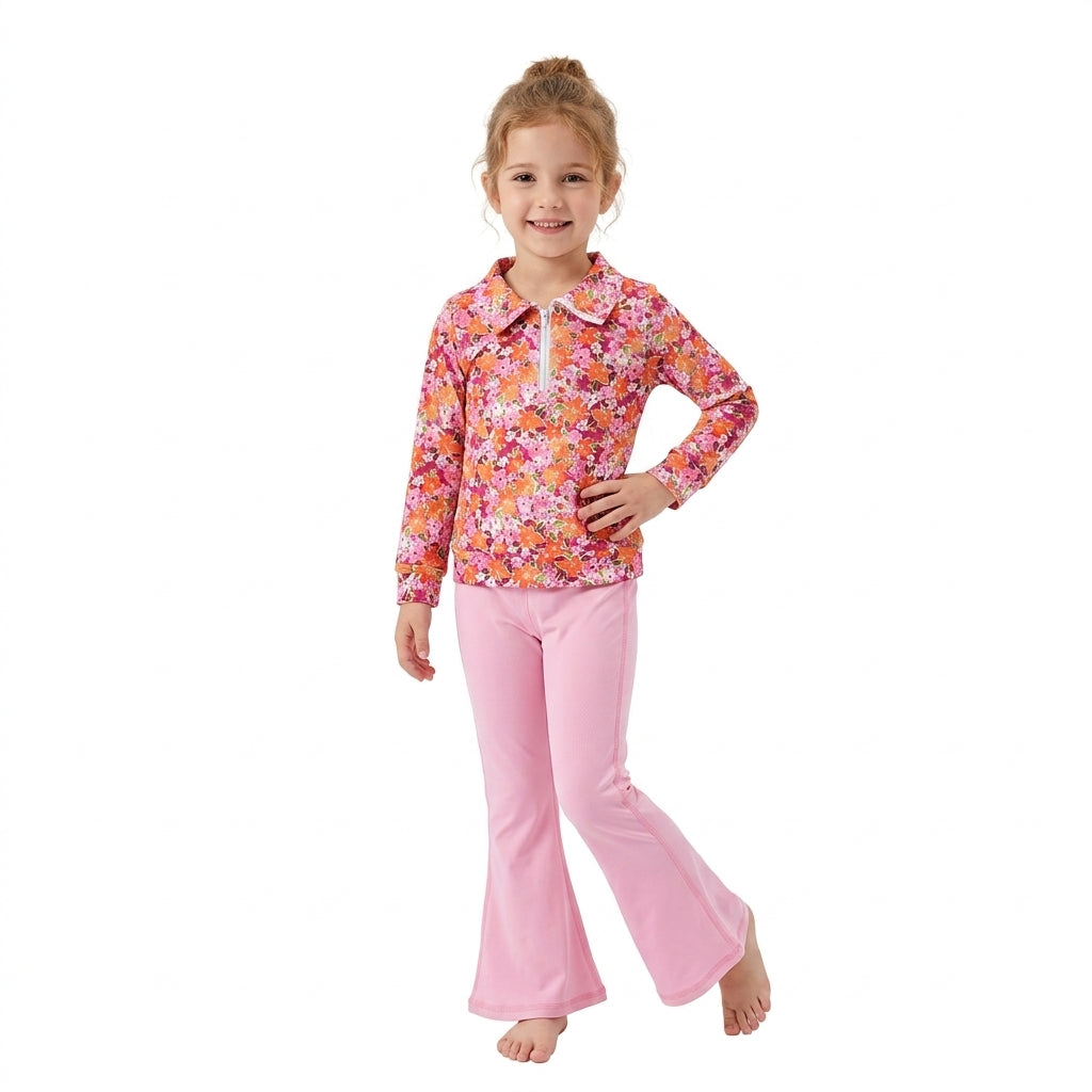 GLP3856 Floral Zipper Top Pink Bell Active Pants Girls Yoga Clothes Set