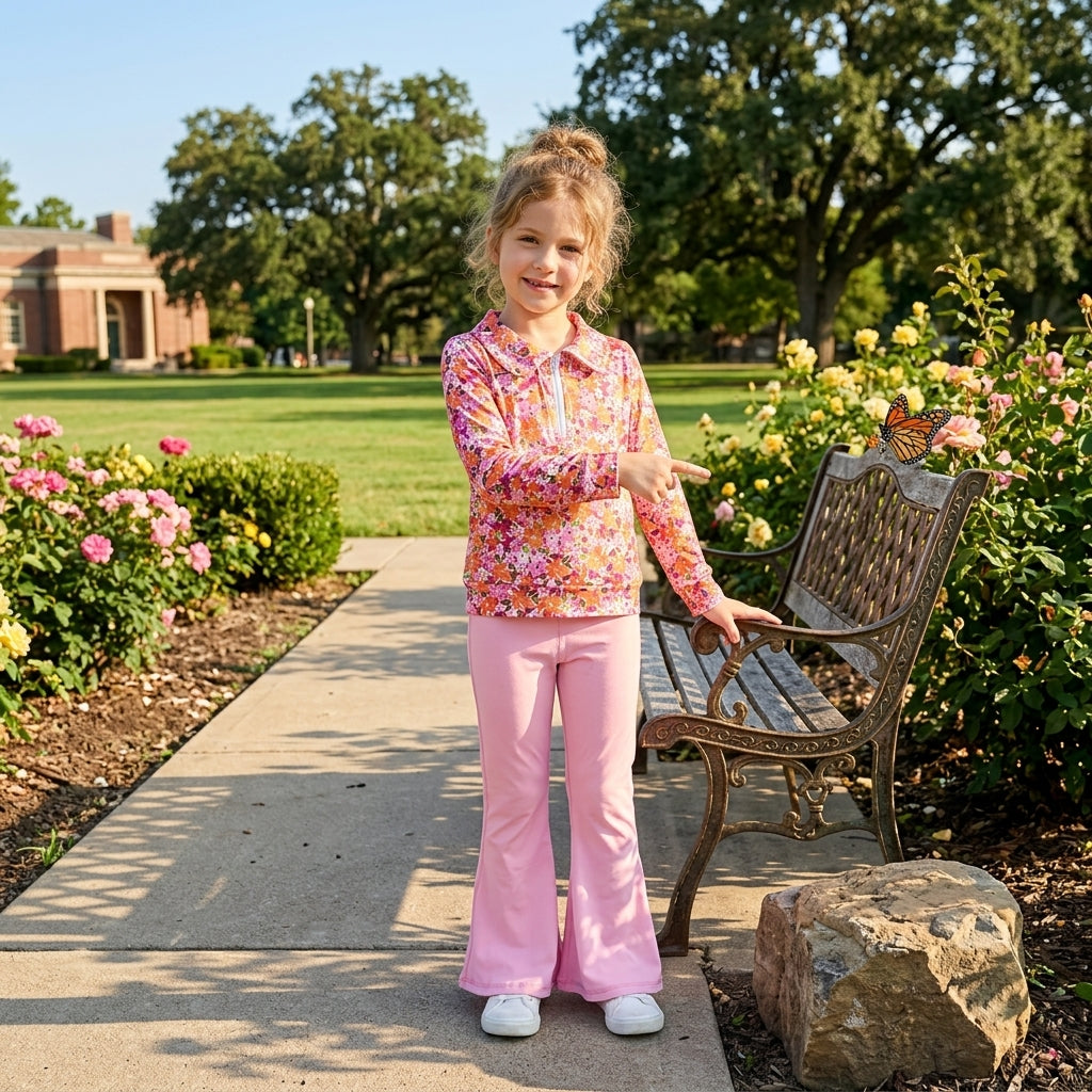 GLP3856 Floral Zipper Top Pink Bell Active Pants Girls Yoga Clothes Set
