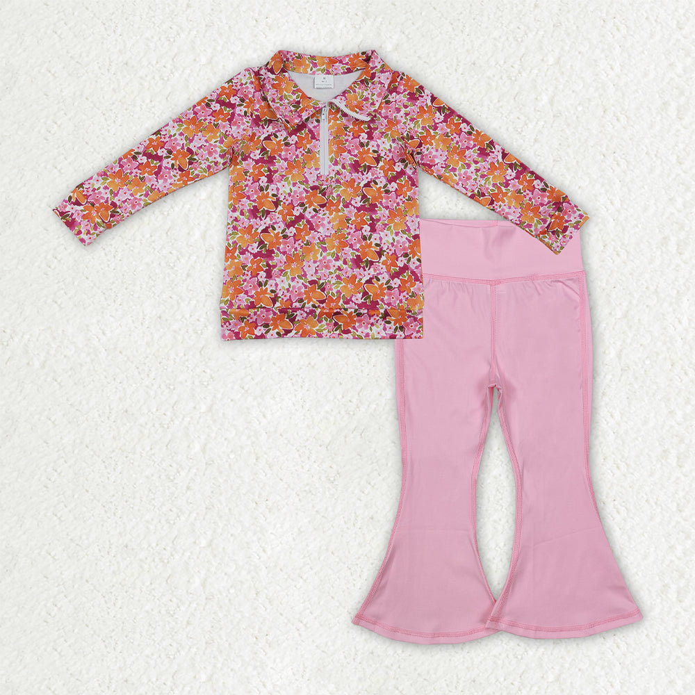 GLP3856 Floral Zipper Top Pink Bell Active Pants Girls Yoga Clothes Set