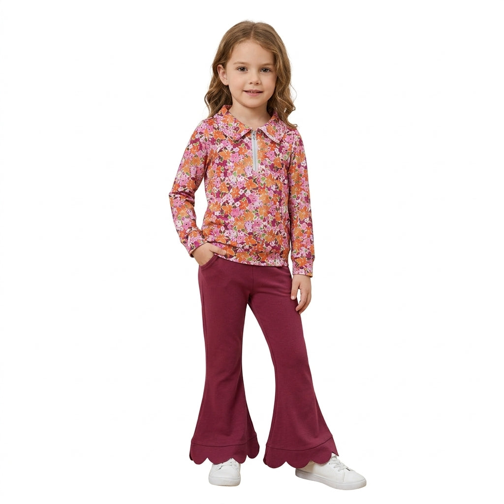 GLP3857 Floral Zipper Top Maroon Scallop Edge Bell Pants Girls Clothes Set