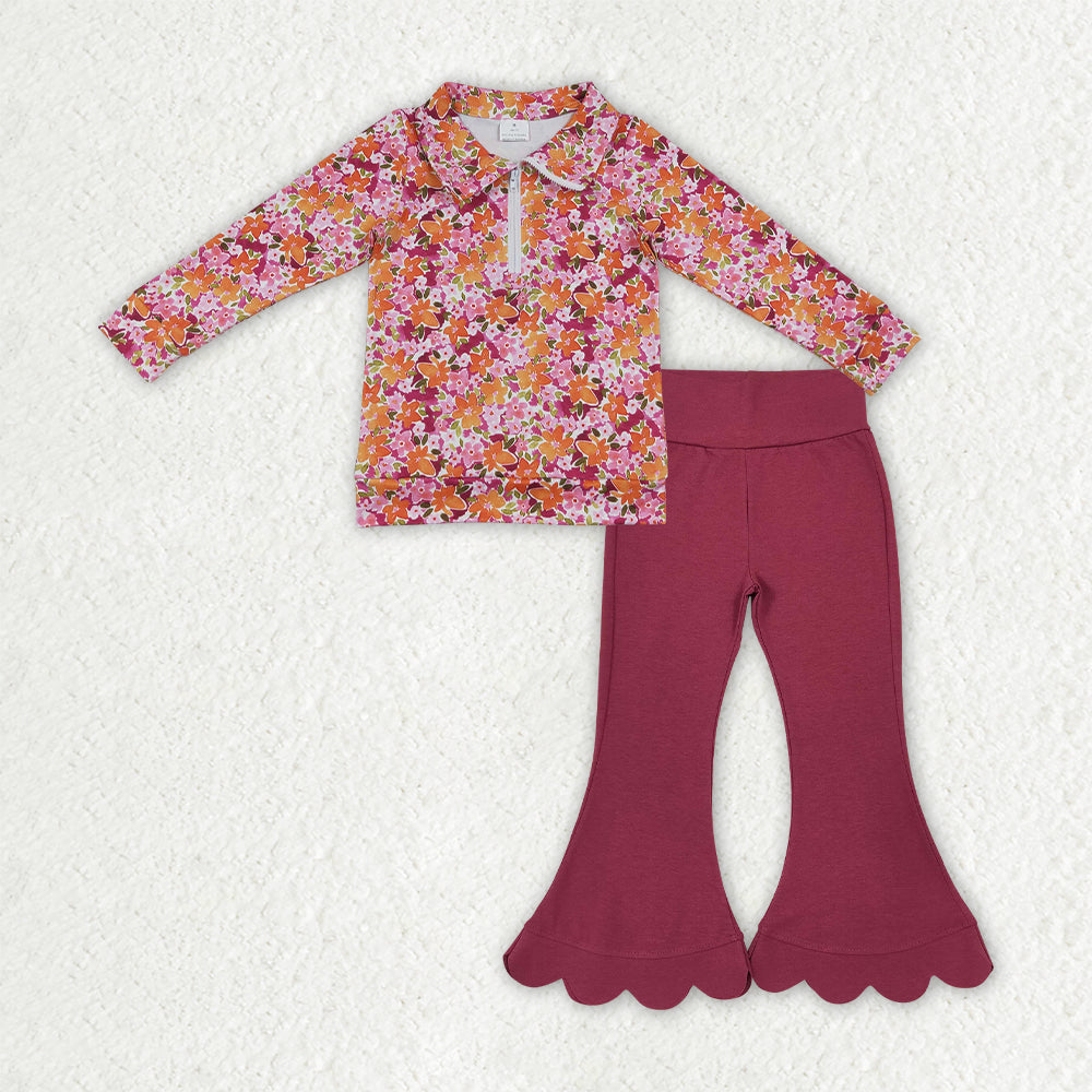 GLP3857 Floral Zipper Top Maroon Scallop Edge Bell Pants Girls Clothes Set