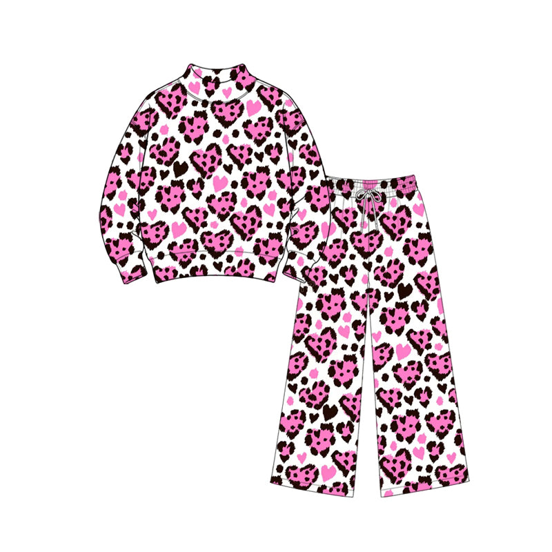 9.9 GLP3863 Preorder Pink Heart Leopard Print Mock Neck Top Straight Pants Girls Valentine's Day Clothes Set