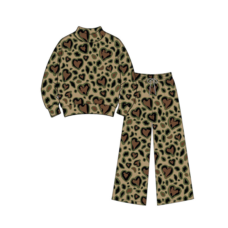 9.9 GLP3864 Preorder Heart Leopard Green Print Mock Neck Top Straight Pants Girls Valentine's Day Clothes Set