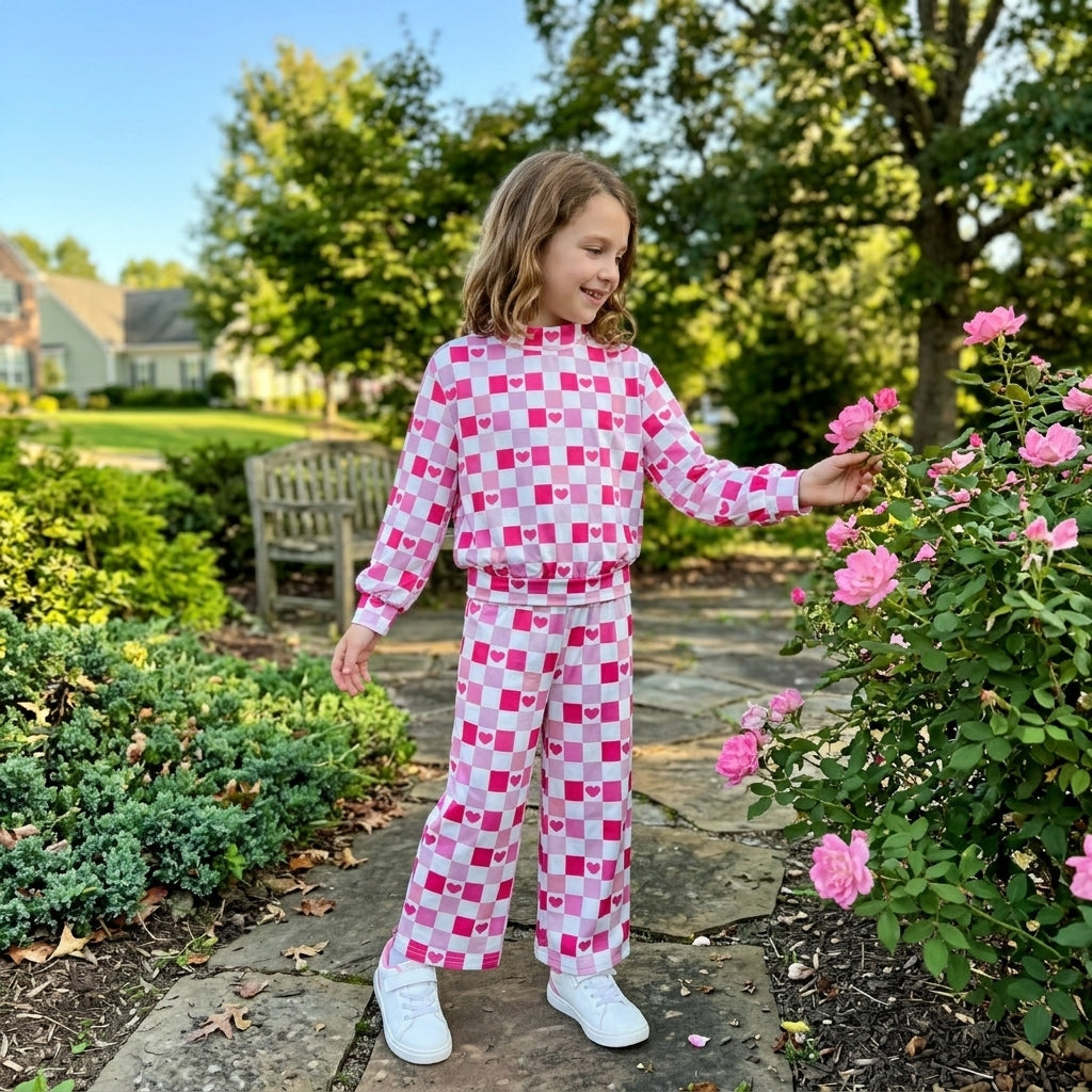 GLP3867 Heart Checked Baby Girls Valentine's Day Mock Neck Top Wide Leg pants Outfit