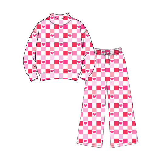 9.9 GLP3869 Preorder Adult Women Valentines Heart Checked Mock Neck Top Wide Pants Outfit