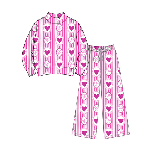9.11 GLP3870 Preorder Adult Pink Heart Stripes Print Mock Neck Top Straight Pants Woman Valentine's Day Clothes Set