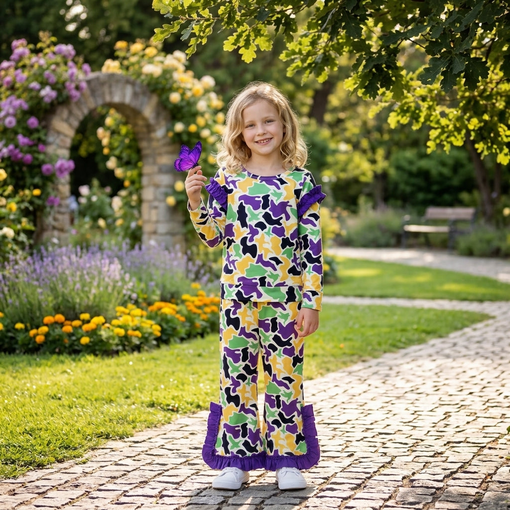GLP3871 Purple Green Yellow Camo Print Girls Mardi Gras Clothes Set
