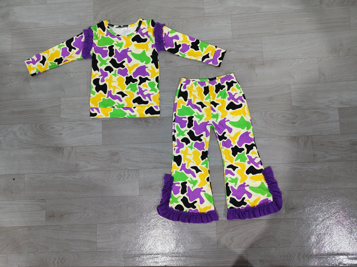 9.12 GLP3871 Preorder Girls Mardi Gras Camo Ruffle Shoulder Top Bow Flare Pants Outfit