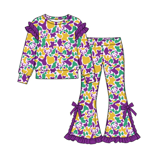 9.12 GLP3872 Preorder Mardi Gras Camo Long Sleeve  Ruffle Shoulder Top Flare Pants Outfit