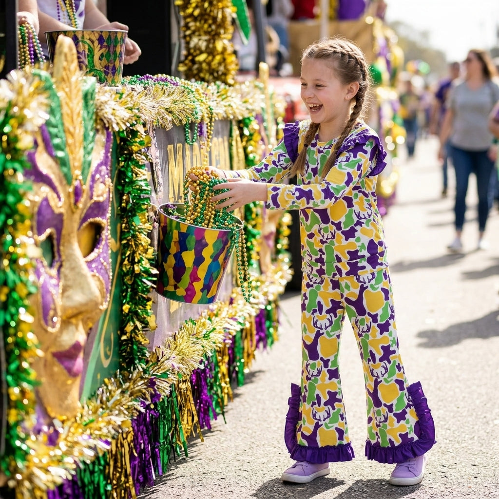 GLP3872 Purple Green Gold Camo Print Girls Mardi Gras Ruffle Clothes Set