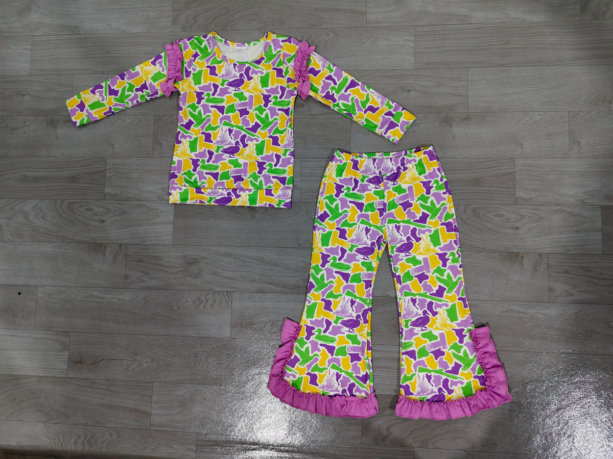 9.12 GLP3873 Preorder Mardi Gras Duck Camo Long Sleeve  Ruffle Shoulder Top Flare Pants Outfit