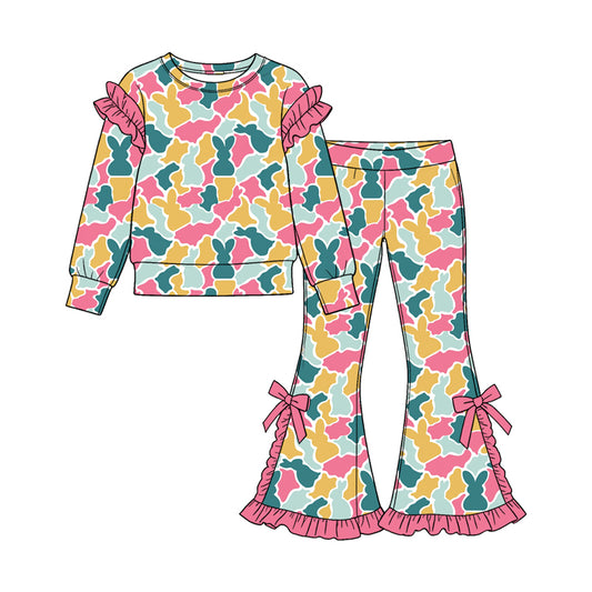 9.12 GLP3874 Preorder Colorful Bunny Camo Print Ruffle Top Bell Pants Girls Easter Clothes Set