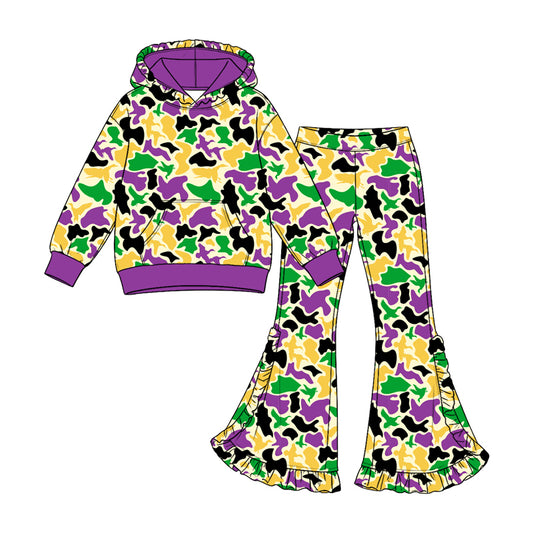 9.12 GLP3877 Preorder Girls Mardi Gras Camo Hoodie Top  with Flare Pants Outfit