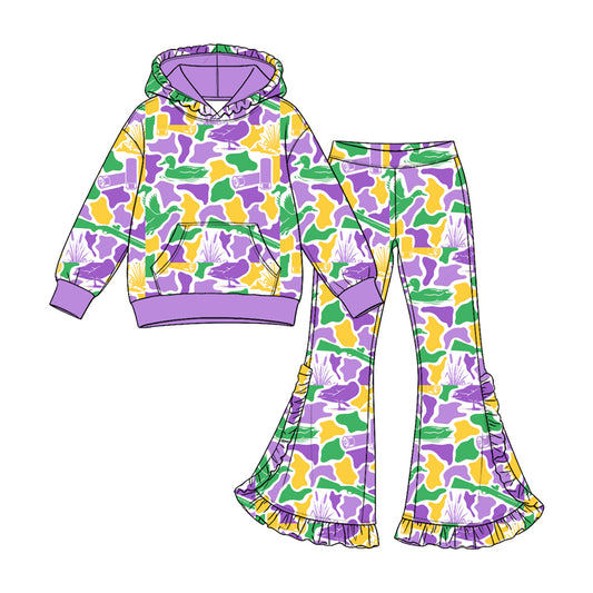 9.12 GLP3879 Preorder Mardi Gras Duck Camo Long Sleeve  Hoodie Top Flare Pants Outfit