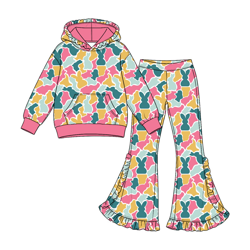 9.12 GLP3874 Preorder Colorful Bunny Camo Print Pocket Hoodie Top Bell Pants Girls Easter Clothes Set