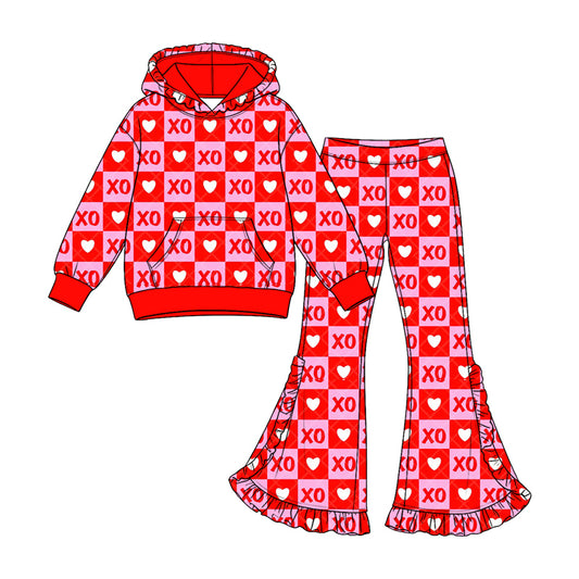 9.12 GLP3875 Preorder XO Heart Checkered Print Pocket Hoodie Top Bell Pants Girls Valentine's Day Clothes Set