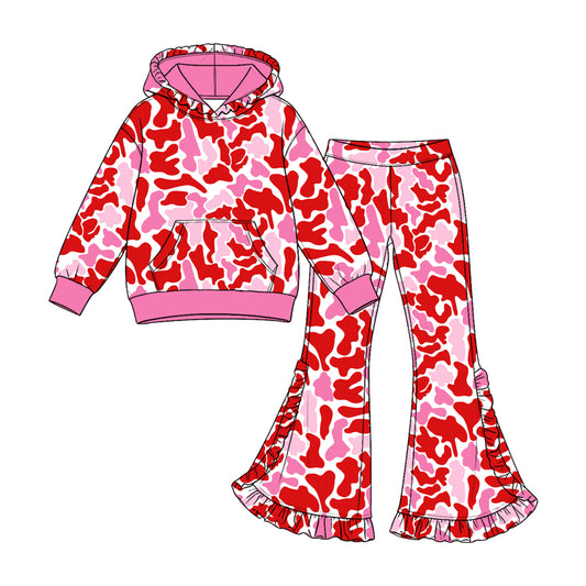 9.12 GLP3882 Preorder Red Pink Camo Print Pocket Hoodie Top Bell Pants Girls Valentine's Day Clothes Set