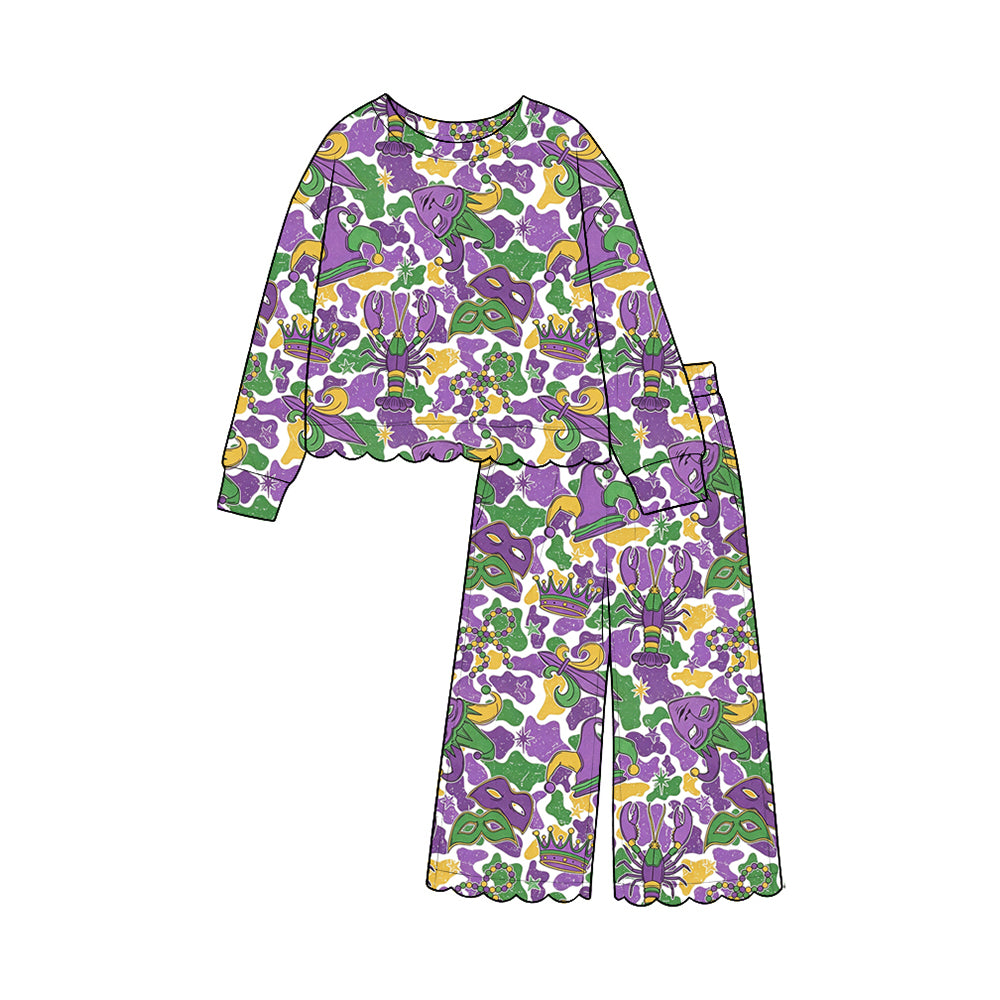9.14 GLP3884 Anchor Crayfish Mask Camo Print Girls Mardi Gras Scallop Clothes Set