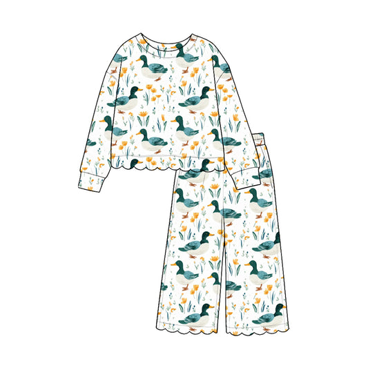 9.15 GLP3886 Duck Flowers Print Pockets Girls Scallop Clothes Set