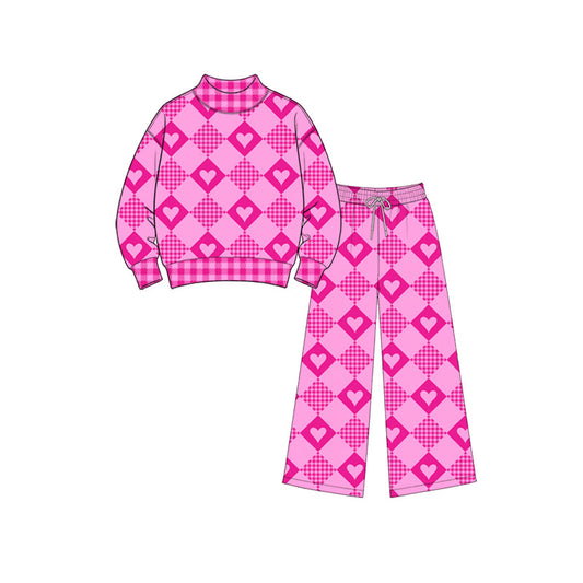 9.15 GLP3890 Preorder Pink Heart Checkered Print Mock Neck Top Straight Pants Girls Valentine's Day Clothes Set
